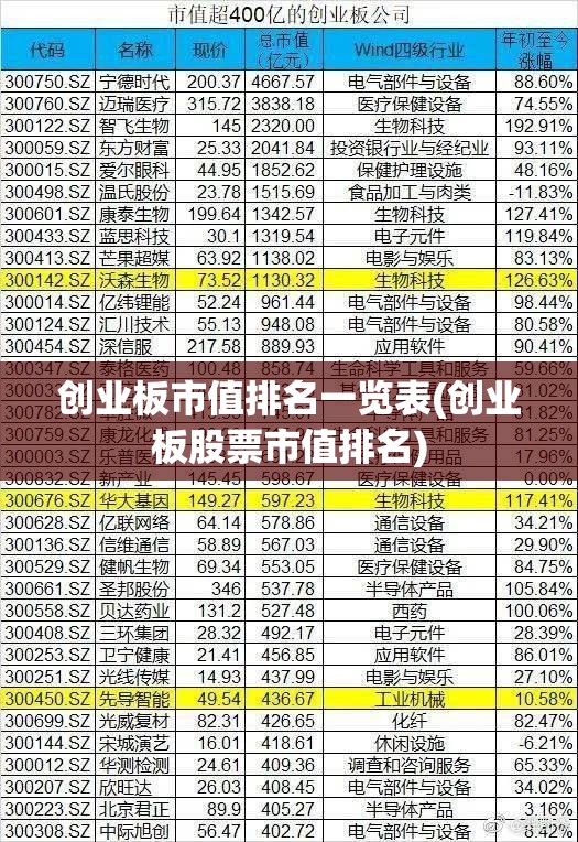 创业板市值排名一览表(创业板股票市值排名)